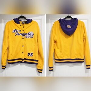 Los Angeles Lakers Women’s Hooded Varsity Jacket Sz M Yellow/Purple 78 Patch